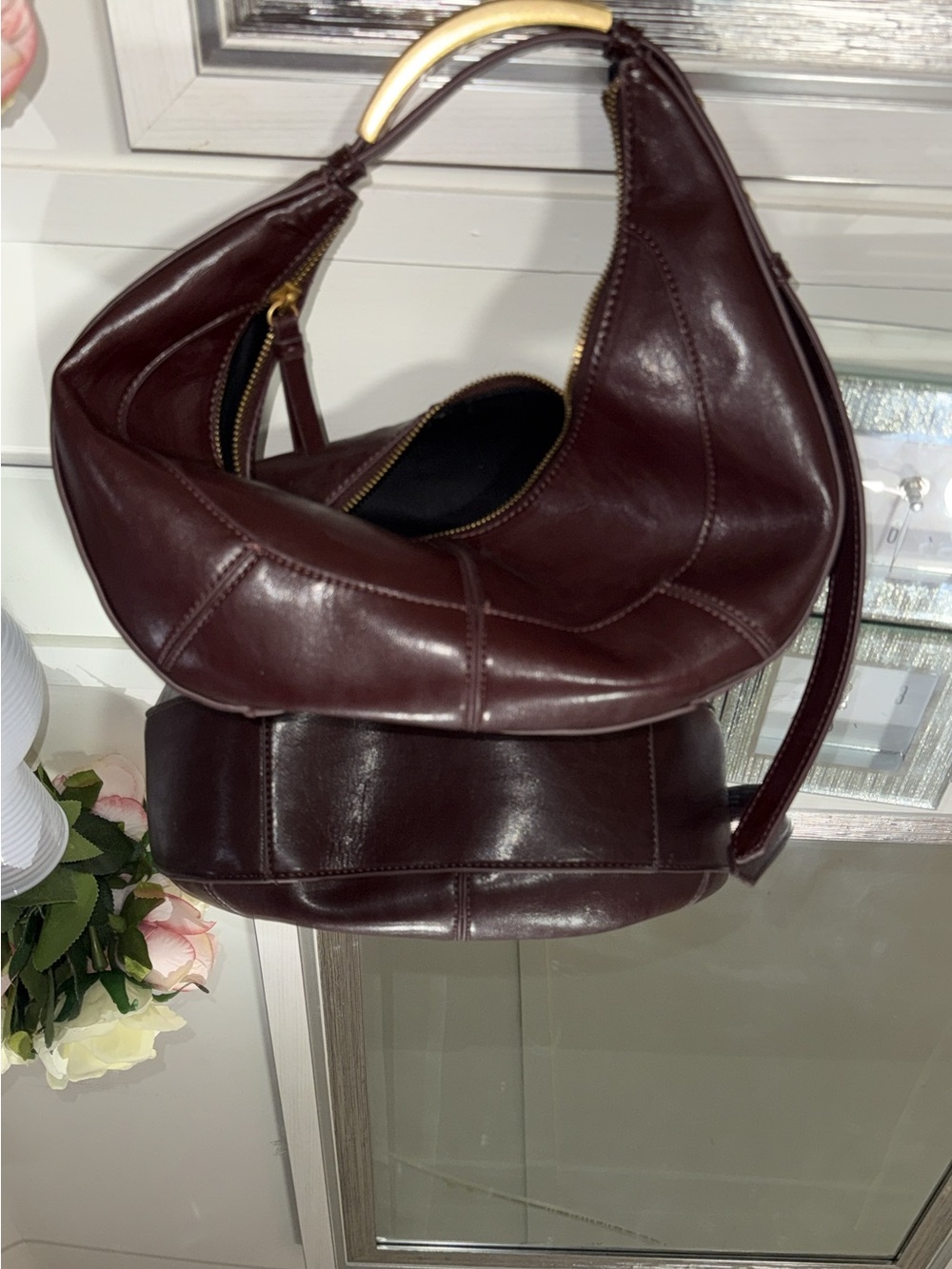 Zara Deep Burgundy Leather Shoulder Bag with Gold Handle Accent